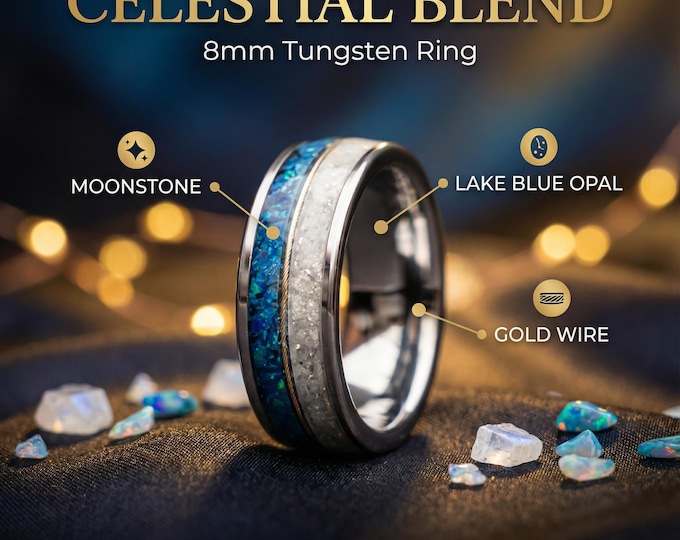 Moonstone with Blue Opal ring and 18K Goldwire, Mens Moonstone Tungsten Ring, Rainbow moonstone, Moon ring, Unique ring, Men's Wedding Band
