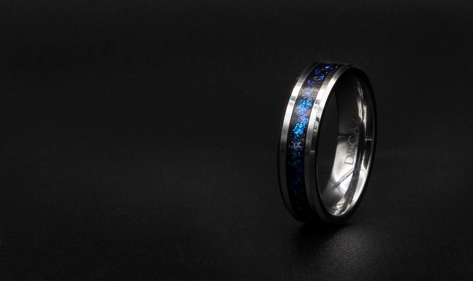 Deep Blue Opal Galaxy Ring for Men, Unique Tungsten Wedding Band, Astronomy Gift, Sentimental