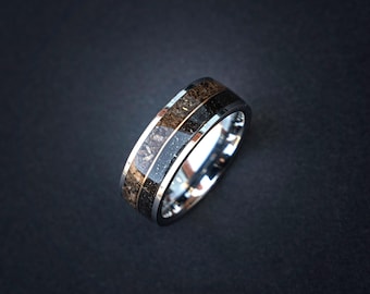 T-Rex Fossil & Muonionalusta Meteorite Tungsten Wedding Band 8mm –  Gold Wire Inlay – Silver Flat Ring – Comfort Fit – Mens Engagement Band