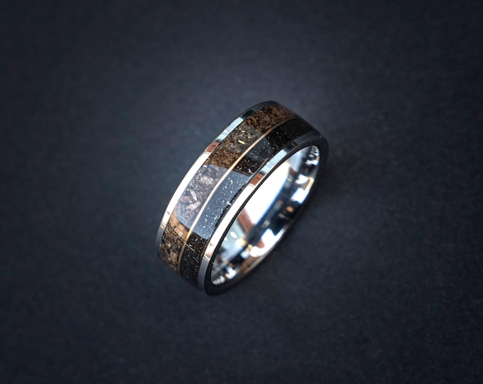 T-Rex Fossil & Muonionalusta Meteorite Tungsten Wedding Band 8mm –  Gold Wire Inlay – Silver Flat Ring – Comfort Fit – Mens Engagement Band