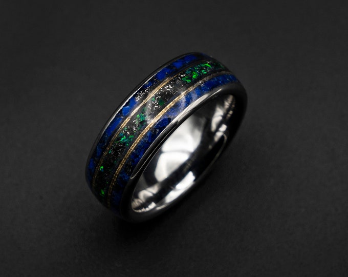Meteorite ring men, opal ring, Lapis lazuli ring, wedding band men, raw gemstone ring, gold wire ring, gold ring band, tungsten ring men.