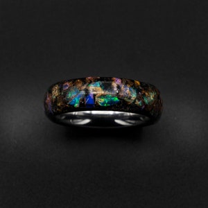 glow in the dark ring, australian opal ring, mens ring, Genuine opal, galaxy opal, mens wedding band, tungsten, raw gemstone, birthstone.