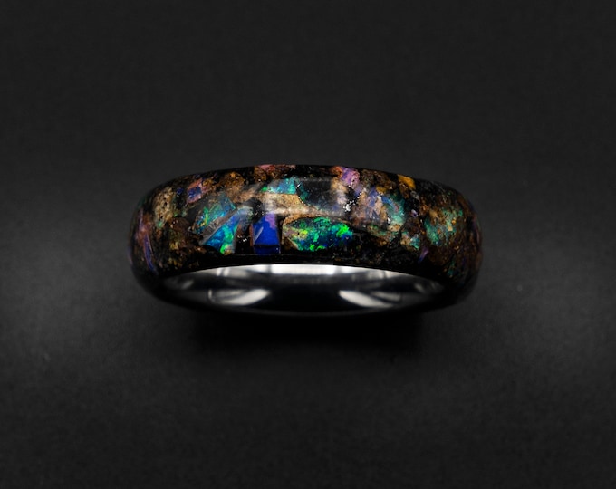 glow in the dark ring, australian opal ring, mens ring, Genuine opal, galaxy opal, mens wedding band, tungsten, raw gemstone, birthstone.