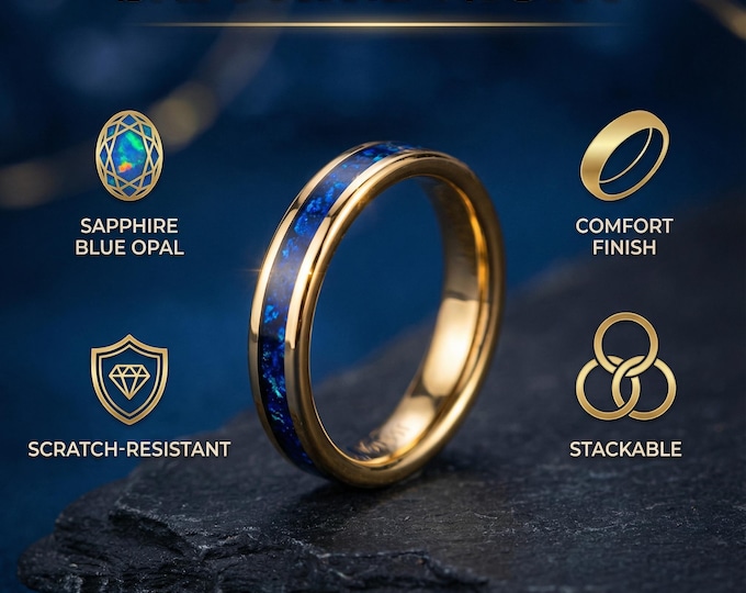 Tungsten 4mm Rose Gold Ring Blue Sapphire opal Wedding Band, Womens Ring, Womens Wedding Band | Decazi