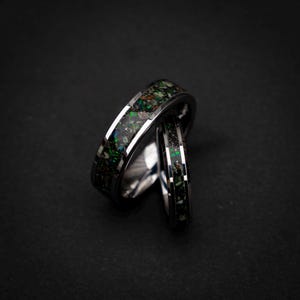 dinosaur fossil ring set, tungsten wedding band set, dark green opal ring, meteorite wedding band, glow inlay ring, unique couples ring set, engraved wedding rings, fossil gemstone ring, cosmic wedding band