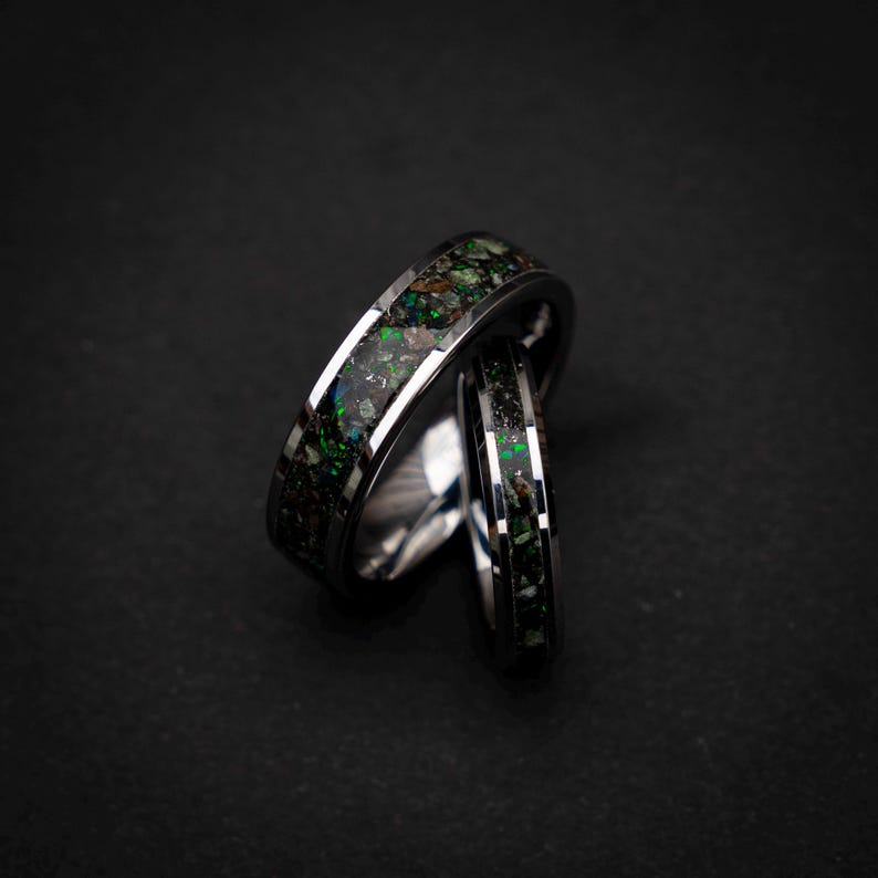 dinosaur fossil ring set, tungsten wedding band set, dark green opal ring, meteorite wedding band, glow inlay ring, unique couples ring set, engraved wedding rings, fossil gemstone ring, cosmic wedding band