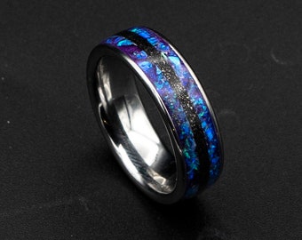 Anillo de ópalo de galaxia, brillo en la oscuridad, ópalo púrpura, anillo de compromiso de ópalo, anillo de ópalo de plata, anillo de ópalo simple, meteorito, joyería de meteorito.