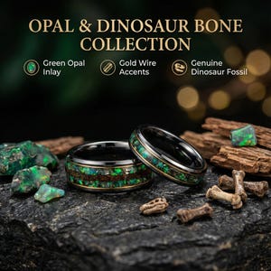 Ring-Set aus Wolfram und Fossil eines Megalodon-Meteoriten | Azurblauer Opal | 14-karätige Goldlinie | Passende Ringe: 10 mm + 4 mm | Komfortpassform