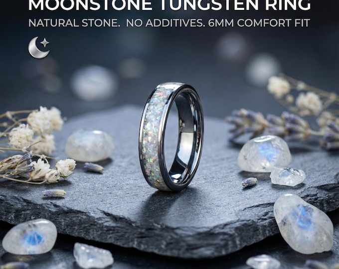 Men's Tungsten Ring with White Opal Inlay – 6mm Comfort Fit Wedding Band, Durable Promise Ring, Unique Anniversary Gift for Him