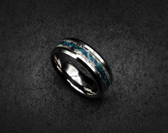 Bague en tungstène opale bleue avec météorite, alliance météorite pour hommes, bague de promesse en tungstène, bague martelée pour lui, cadeau de bijoux météorite