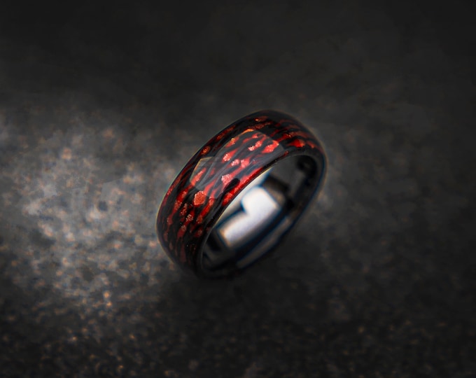 Red fire comet glow in the dark Carbon Fiber Ring, black ring, carbon wedding ring, mens wedding band, mens ring, Unique, special, | Decazi