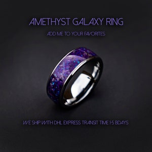 Amethyst Glowstone ring, Mens tungsten ring, healing jewelry, Healing crystal ring, Amethyst jewelry, Purple opal ring Decazi. afbeelding 1