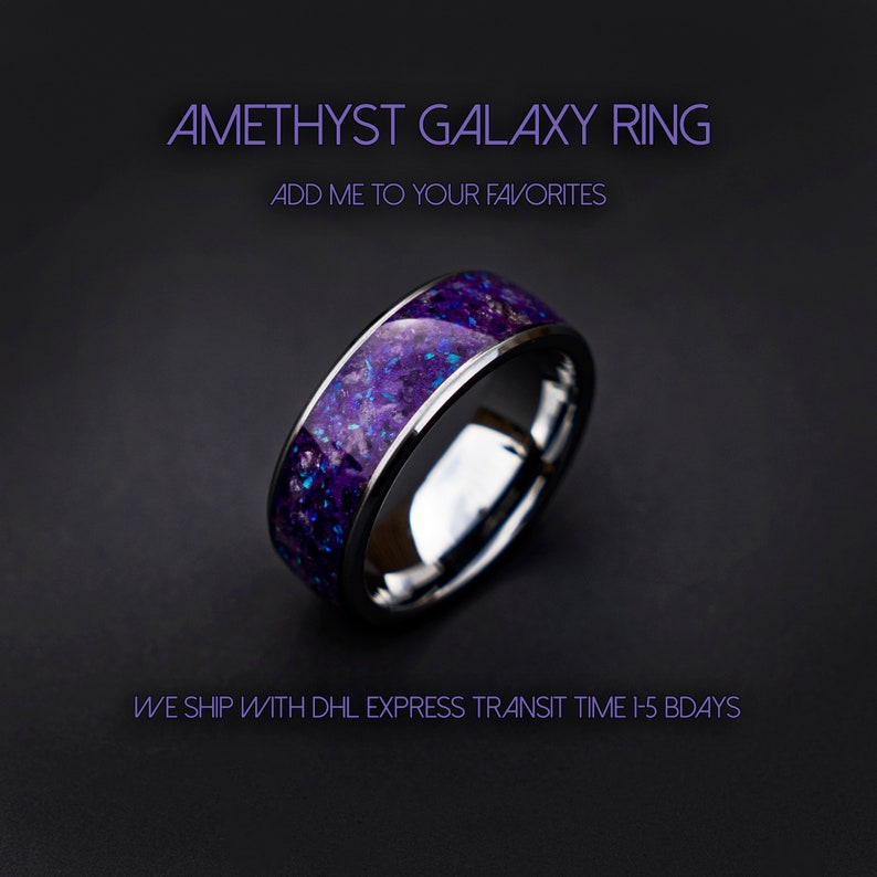 Amethyst Glowstone ring, Mens tungsten ring, healing jewelry, Healing crystal ring, Amethyst jewelry, Purple opal ring Decazi. afbeelding 1