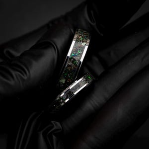 dinosaur fossil ring set, tungsten wedding band set, dark green opal ring, meteorite wedding band, glow inlay ring, unique couples ring set, engraved wedding rings, fossil gemstone ring, cosmic wedding band