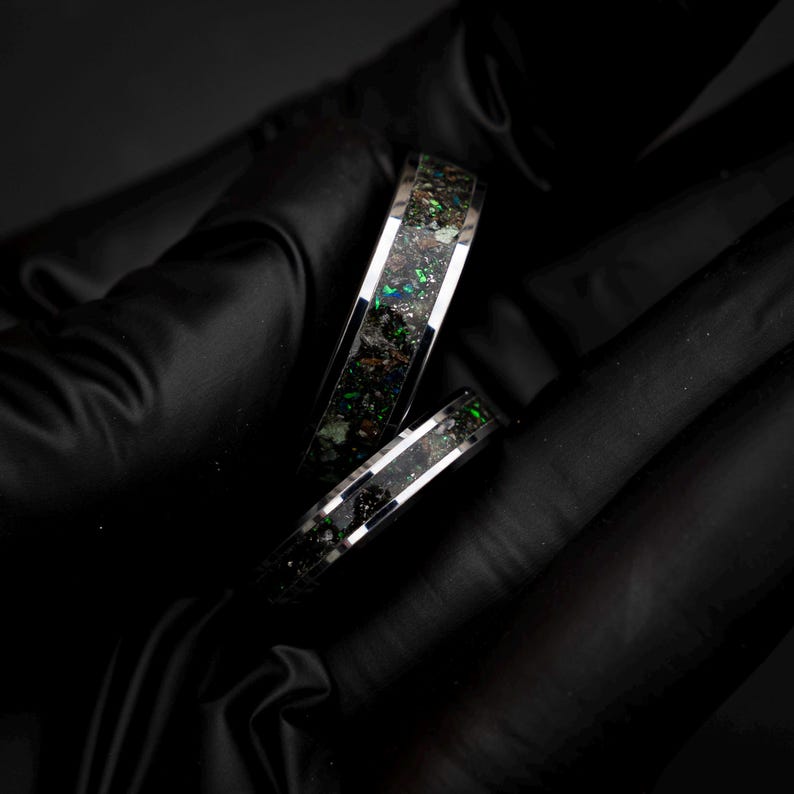 dinosaur fossil ring set, tungsten wedding band set, dark green opal ring, meteorite wedding band, glow inlay ring, unique couples ring set, engraved wedding rings, fossil gemstone ring, cosmic wedding band