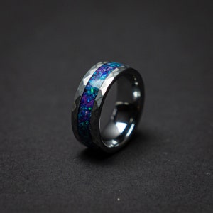 mens opal ring. Galaxy opal. Tungsten ring for men. meteorite opal ring. Hammered. wedding band men. ring with opal inlay 8mm ring image 9