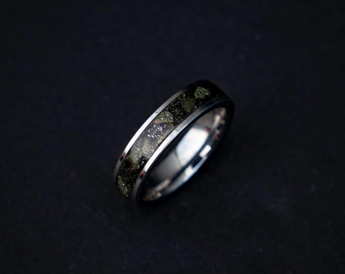 6mm Tungsten Band with Pyrite & Muonionalusta Meteorite Inlay • Men’s or Women’s Unique Wedding Ring • Cosmic Mineral Jewelry | Decazi