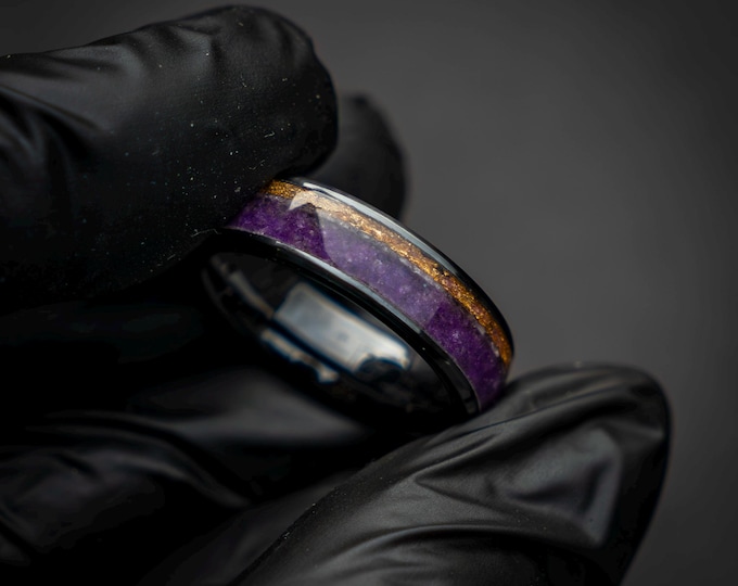 Black Ceramic Ring with Amethyst Inlay and Gold Foil | 6mm Faceted Band for Men/Women | Elegant & Durable Wedding or Anniversary Ring