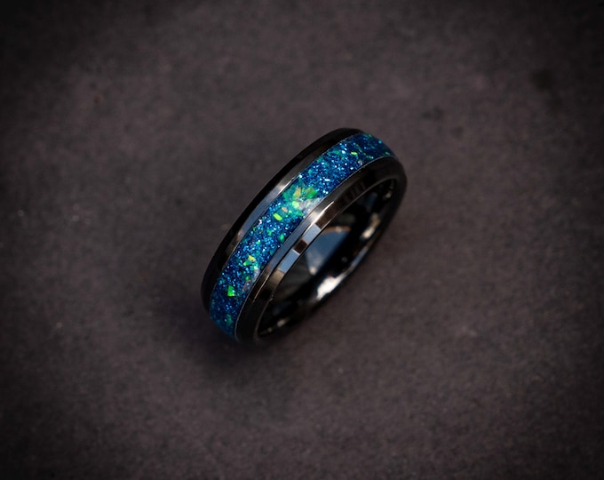 Handmade 6mm Ceramic Beveled Ring with Blue Galaxy Inlay & Green Opal | Custom Wedding Band | Unique Mens/Womens Ring | Cosmic Jewelry Gift