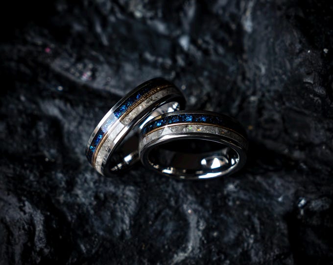 Silver Tungsten Ring Set with Rainbow Moonstone & Galaxy Opal Flakes | 6mm Matching Bands with 18K Gold Line | Wedding or Anniversary Rings