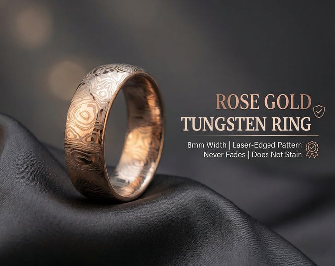 Rose Gold Tungsten Ring with laser edges damascus pattern, rose gold Wedding Band, Mens Wedding Ring, Men's Ring, Promise Ring | Decazi