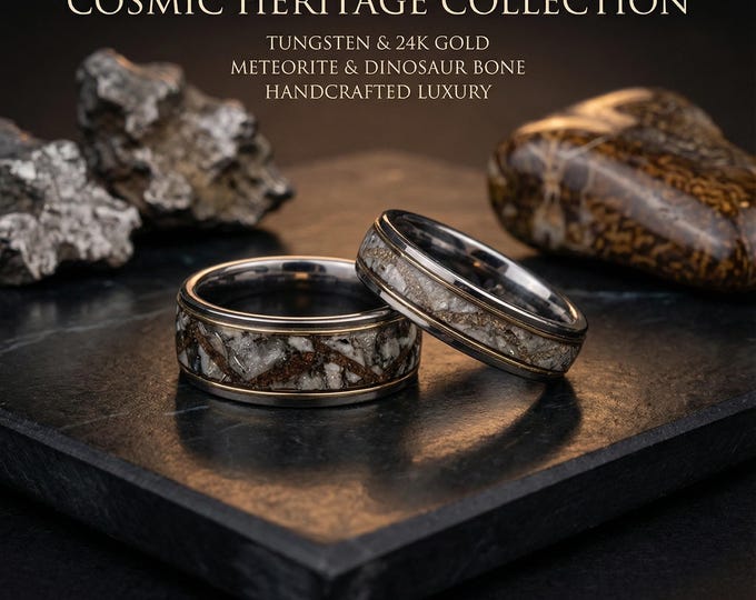 Couple Wedding Rings with Muonionalusta Meteorite and Dinosaur Bone, Customizable Personalized Handmade Jewelry | Decazi