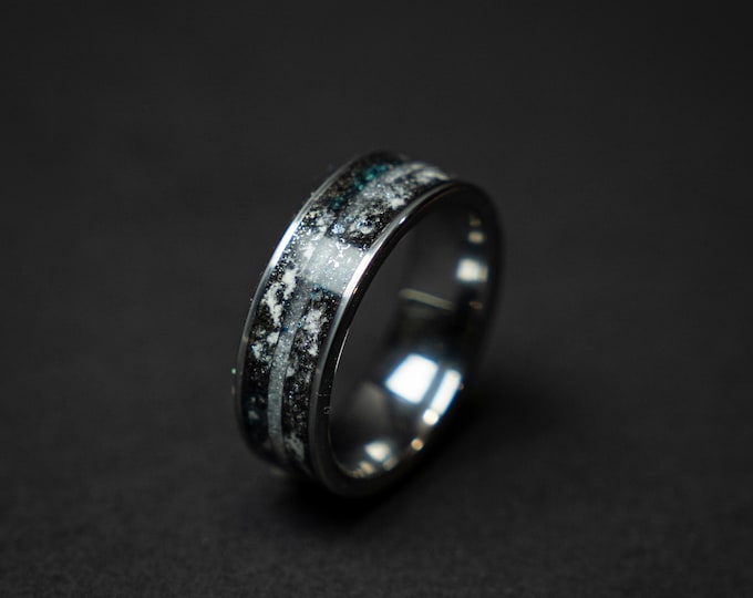 meteorite ring, Herkimer diamond, Glow in the dark ring, glow ring, tungsten ring men, Lunar jewelry, mens wedding band, mens ring.