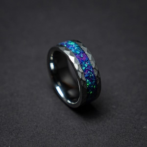 mens opal ring. Galaxy opal. Tungsten ring for men. meteorite opal ring. Hammered. wedding band men. ring with opal inlay 8mm ring image 7