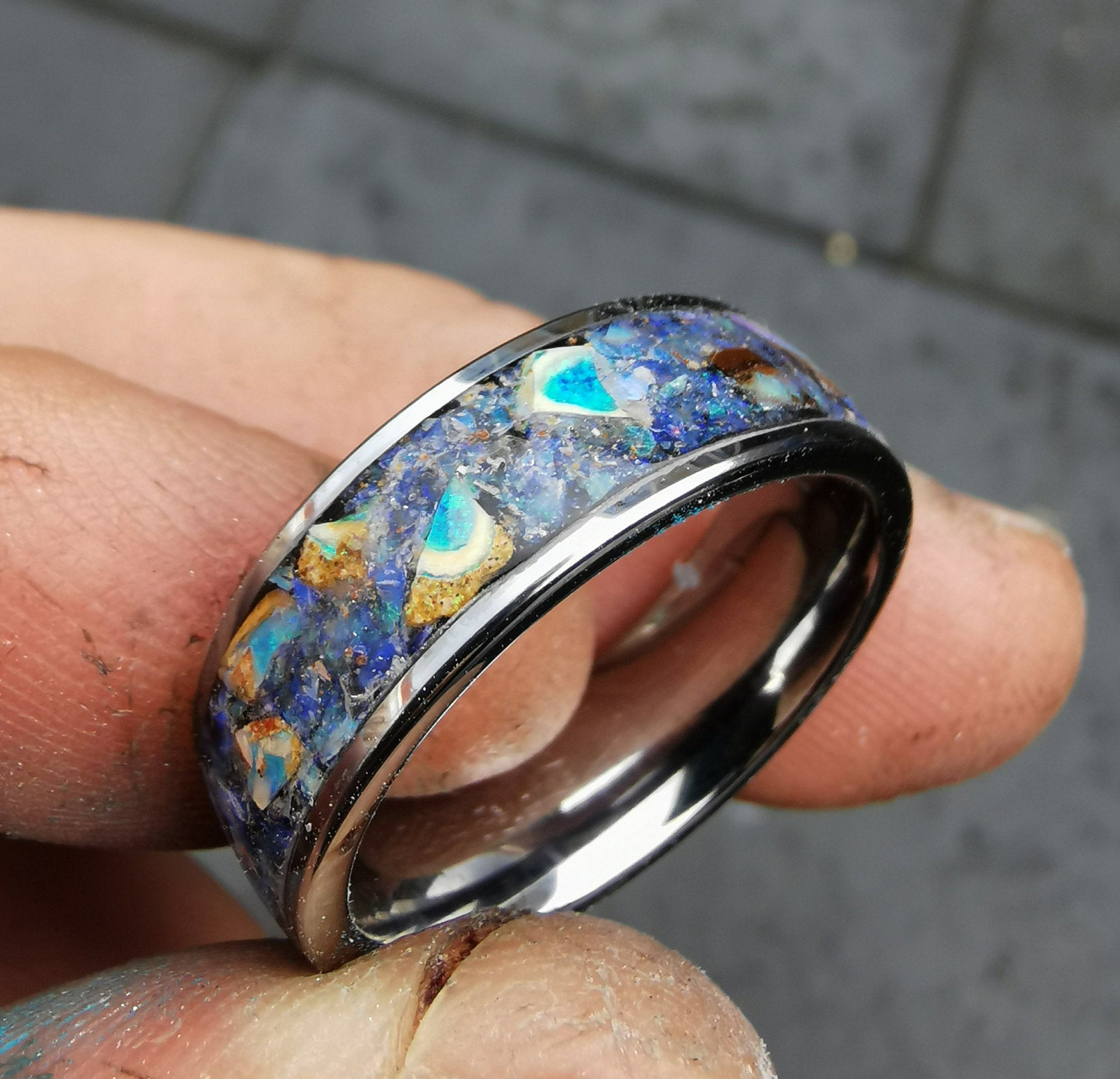 australian opal ring, rough opal ring, opal ring men, tungsten, mens