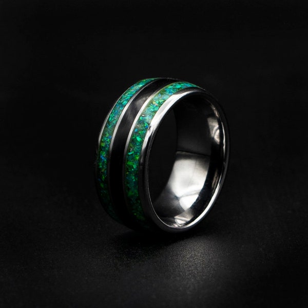 Triple Mens Tungsten Ting with Green opal, Mens Wedding Band, Handmade gifts, Silver Opal Ring, Unique ring, Mens Jewelry Ring | Decazi