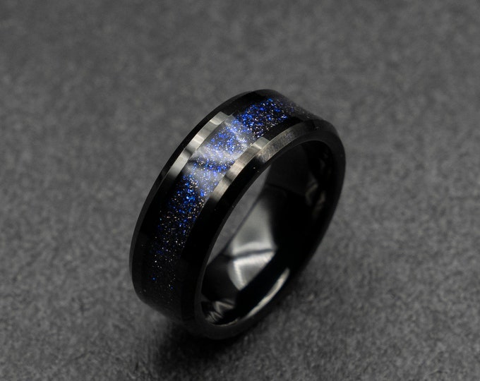 Black Tungsten ring with galaxy opal. 8 mm wide band. blue/Purple opal dust ring. Ready to ship