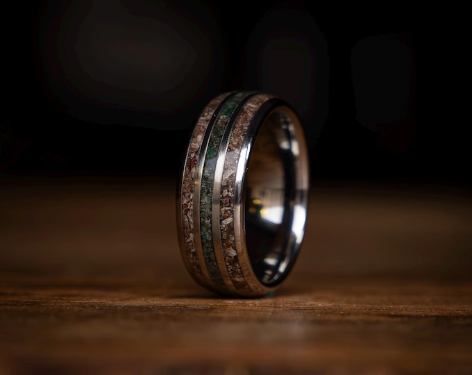 Custom Triple Inlay Silver Tungsten Ring | Dinosaur Bone, Moss Agate Customizable Design | Durable & Elegant Wedding Band | Decazi |