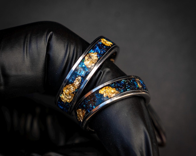 Unique 6mm Tungsten Ring Set: Gold Leaf Accents & Blue Sapphire Gem | Decazi