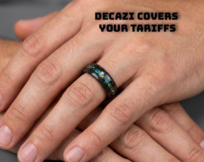 Couples rings with Muonionalusta meteorite shavings tungsten ring with Dichrolam galaxy inlay, mens wedding band, meteorite ring.