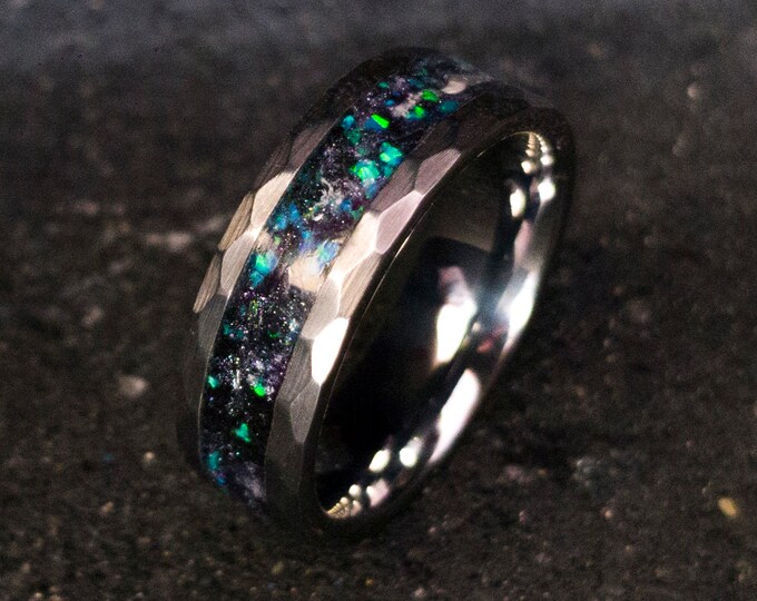 Galaxy Opal Tungsten Ring 8mm | Blue-Purple Aqua Glow | Brushed Hammered Silver Wedding Band | Comfort Fit