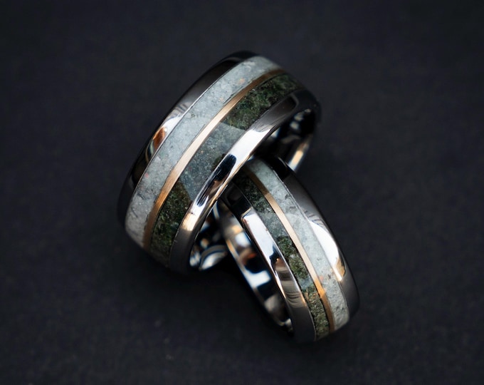 Silver Tungsten Ring Set with Rainbow Moonstone, Moss Agate & 18K Gold Wire Inlay, Couples Wedding Bands, Sizes 5-13