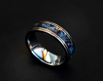 Anello opale Galaxy con filo d'oro e meteorite, fede nuziale da uomo, set di anelli in tungsteno, unico, 2 toni, fantastico anello da uomo, anelli per lui e per lei.