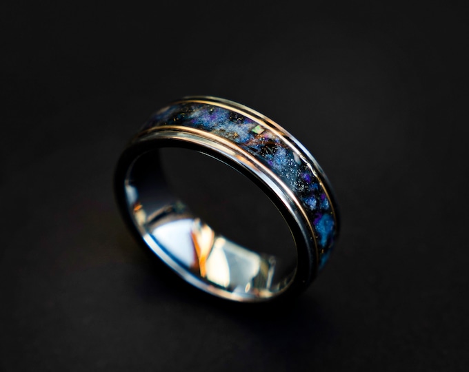Galaxy opal ring with gold wire and meteorite, mens wedding band, tungsten ring set, unique, 2 tone, cool mens ring, his and hers rings.