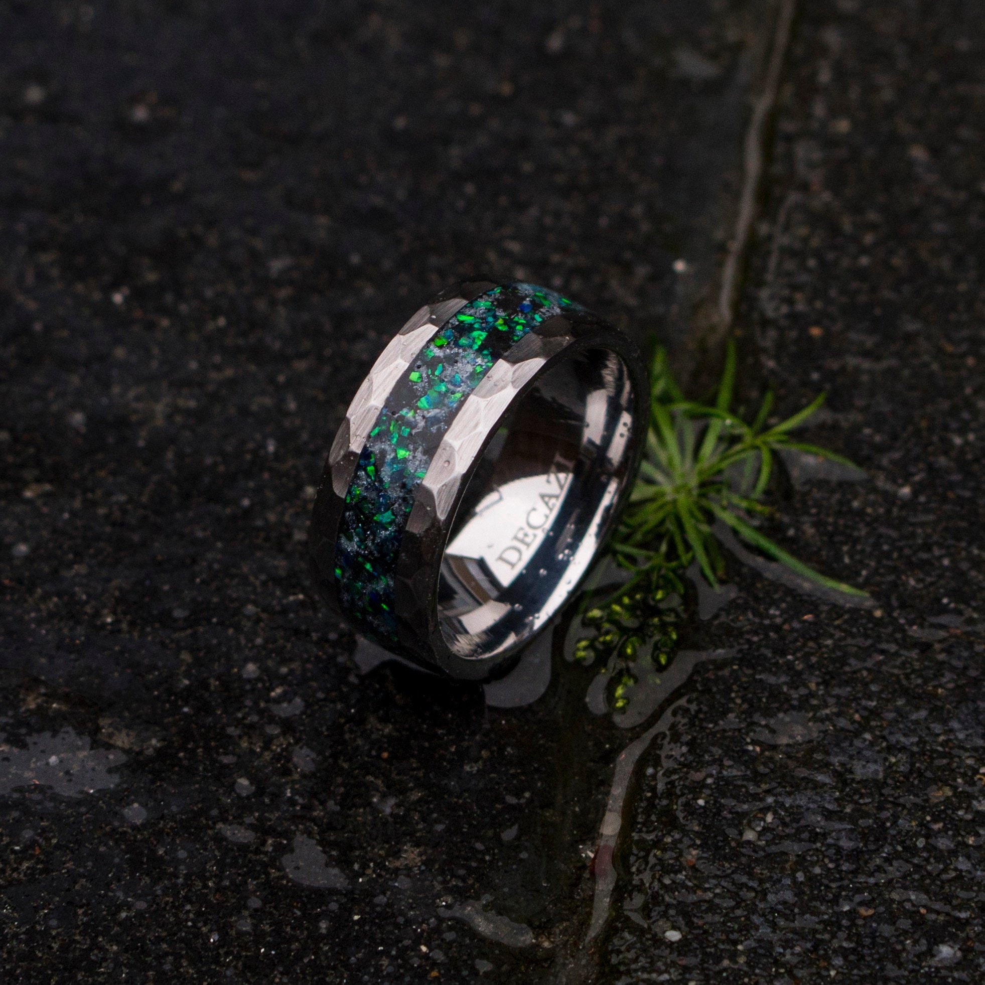 mens opal ring. Galaxy opal. Tungsten ring for men. meteorite opal ring. Hammered. wedding band