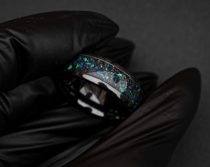 Cosmic Charm: 8mm Black Domed Ceramic Ring Featuring Galaxy Opal & Meteorite | Decazi