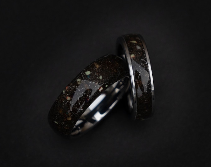 Meteorite Ring Set, Space Ring, Glow ring, Men's Meteorite Wedding Band, Unique wedding band, Mens Wedding Ring, Lunar Jewelry for Him