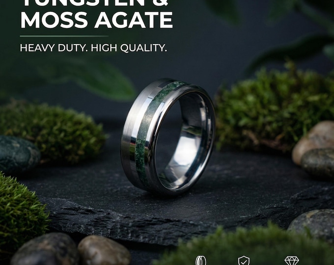 Tungsten Ring with Genuine Moss Agate Inlay • Nature Inspired Wedding Band • Durable Men’s Tungsten Carbide Ring • Green Gemstone Inlay Ring