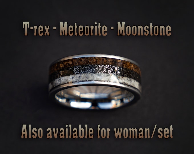 dinosaur ring with triceratops, moonstone engagement ring, meteorite ring men, wedding band, cool mens ring, unique mens band | Decazi