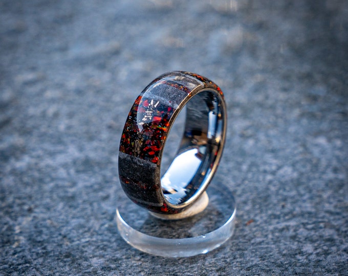 Moondust meteorite ring with red opal, custom handwork, Meteorite ring | Decazi |