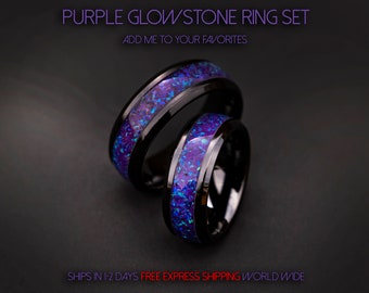 handmade wedding band, Glow in the dark ring set, Galaxy opal, Black ceramic ring, mens opal ring, crushed opal ring | Decazi