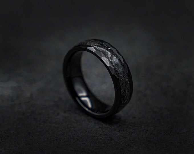 Black Faceted ceramic ring with real Gibeon/muonionalusta meteorite inlay, Handmade jewelry, mens moonstone ring, rainbow moonstone | Decazi