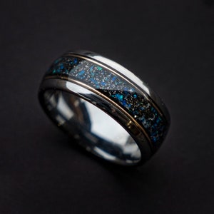 mens wedding band, mens ring, meteorite ring, mens wedding ring, mens engagement ring, meteorite ring men, 10mm ring, blue opal ring.