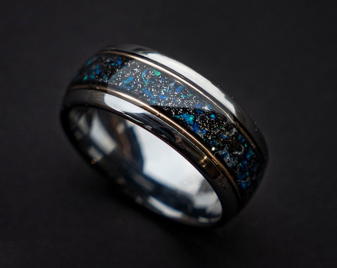 mens wedding band, mens ring, meteorite ring, mens wedding ring, mens engagement ring, meteorite ring men, 10mm ring, blue opal ring.