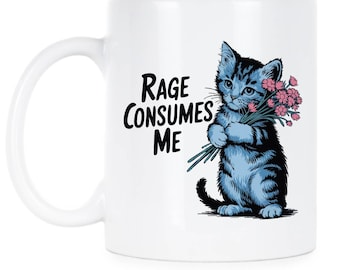 Mug chat Rage me consumes - Tasse à café drôle d'anxiété, cadeau humour noir pour amoureux des chats
