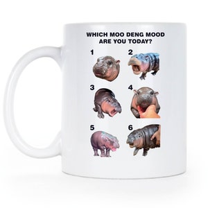 May include: White ceramic mug with a black text that reads "Which Moo Deng Mood Are You Today?" and six images of baby hippos numbered 1 through 6.